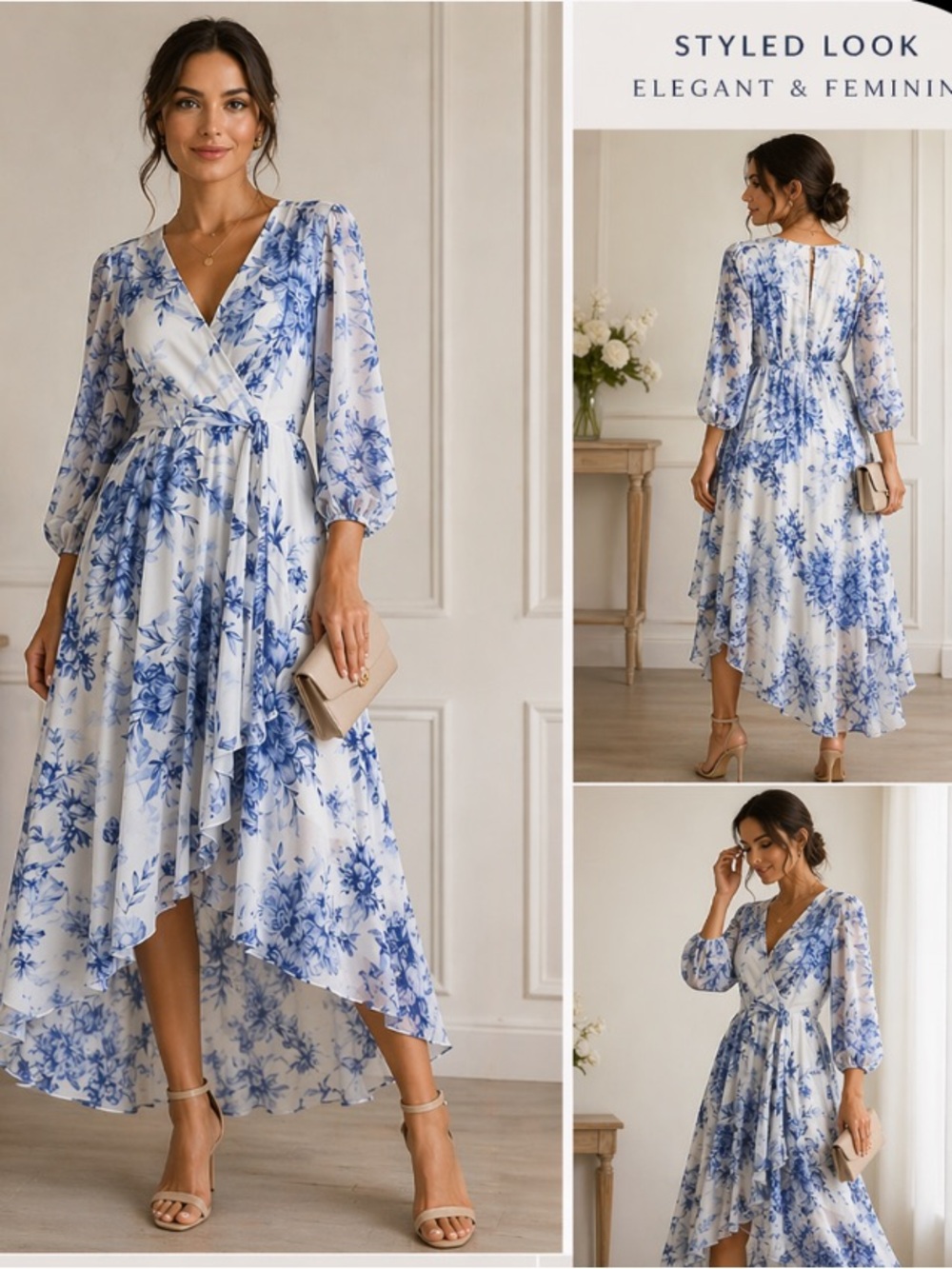 Calvin Klein Blue & White Floral High-Low Wrap Dress